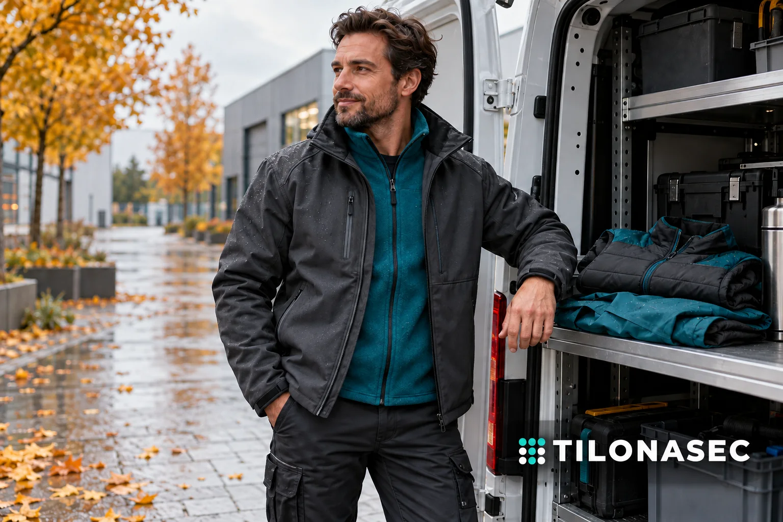 Őszi softshell és réteges munkaruházat – generált illusztráció