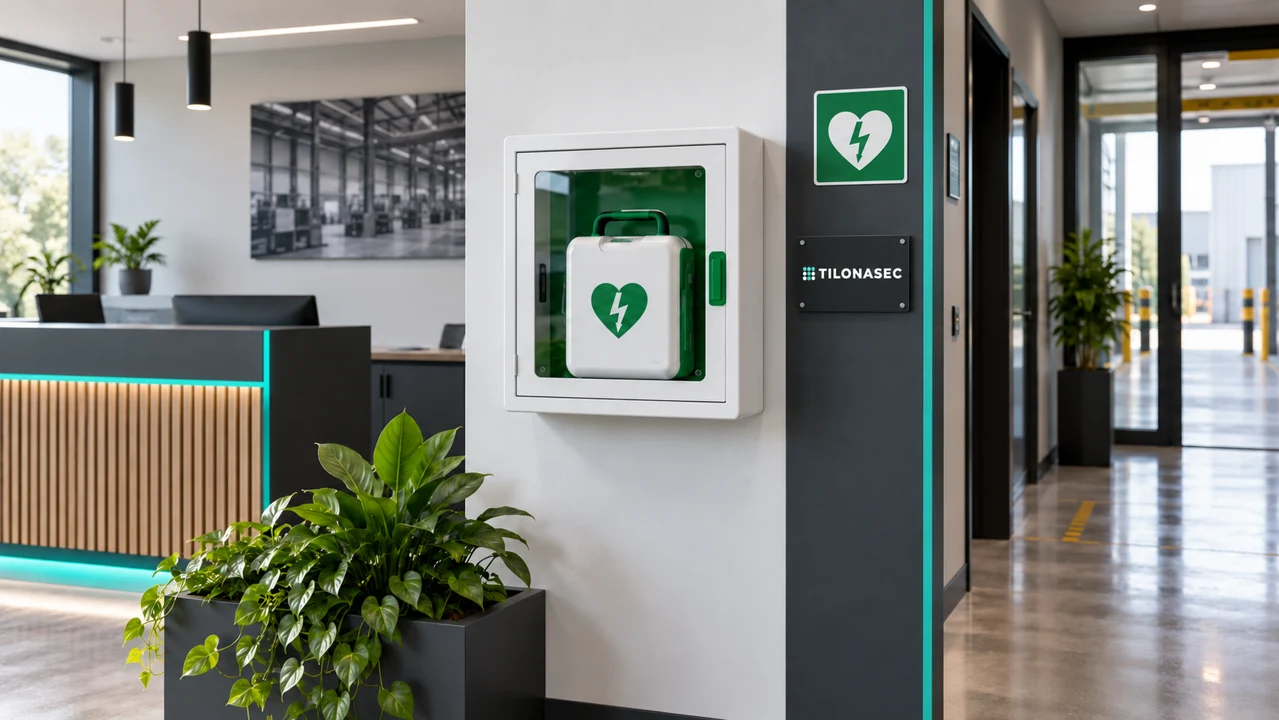 Fali AED-pont modern munkahelyi környezetben – generált illusztráció