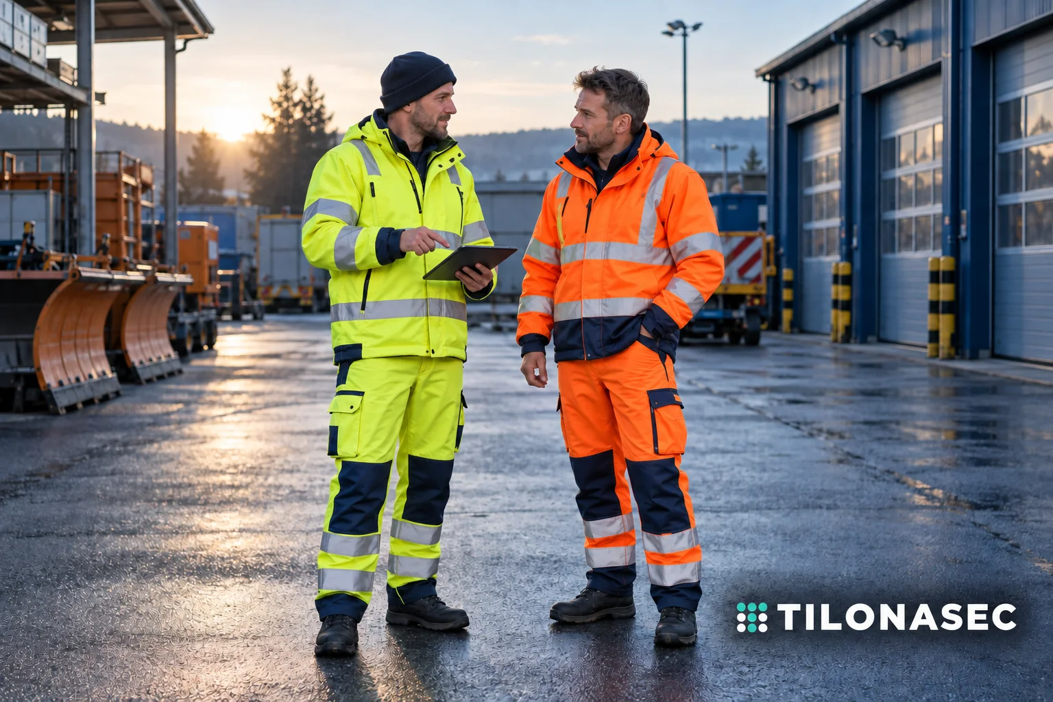 Jól láthatósági munkaruházat telephelyi környezetben – generált illusztráció