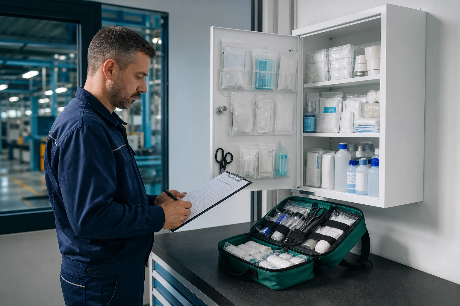 A safety coordinator checks the contents of a workplace first-aid cabinet and portable emergency kit