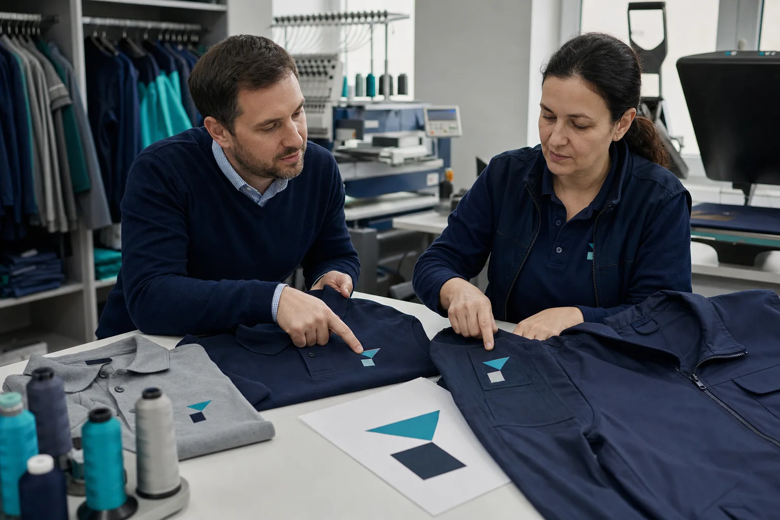A corporate buyer and textile specialist compare embroidered and printed logo placement on workwear