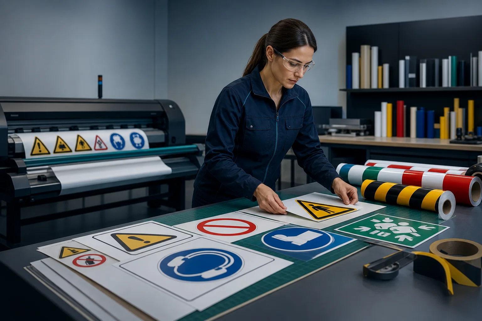 A manufacturing specialist checks workplace safety signs, pictograms and industrial floor-marking materials
