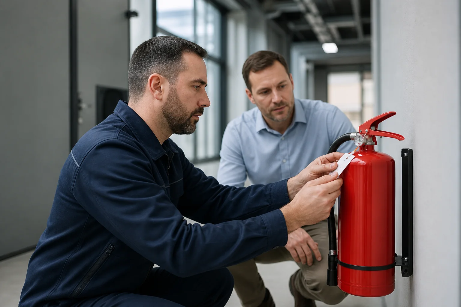 A fire safety technician checks a site fire extinguisher pressure indicator and inspection label