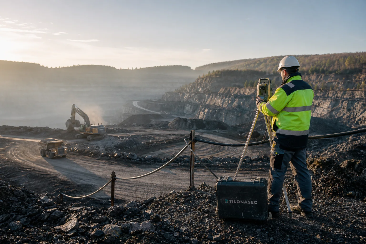 Quarry surveyor works from a protected lookout above an open-pit operation at dawn
