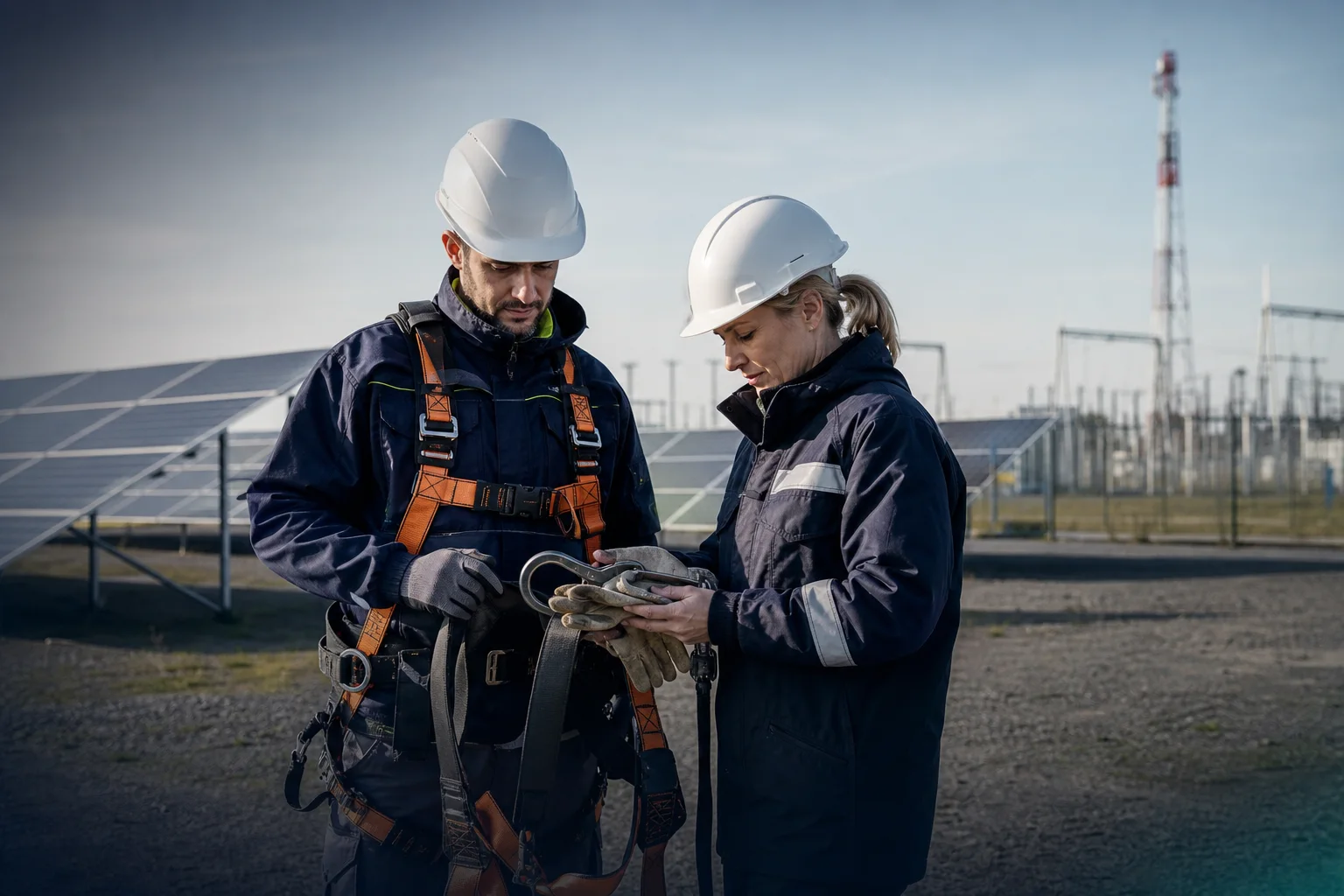 Energy-sector professionals review helmets, hand protection and fall-protection equipment at a solar installation