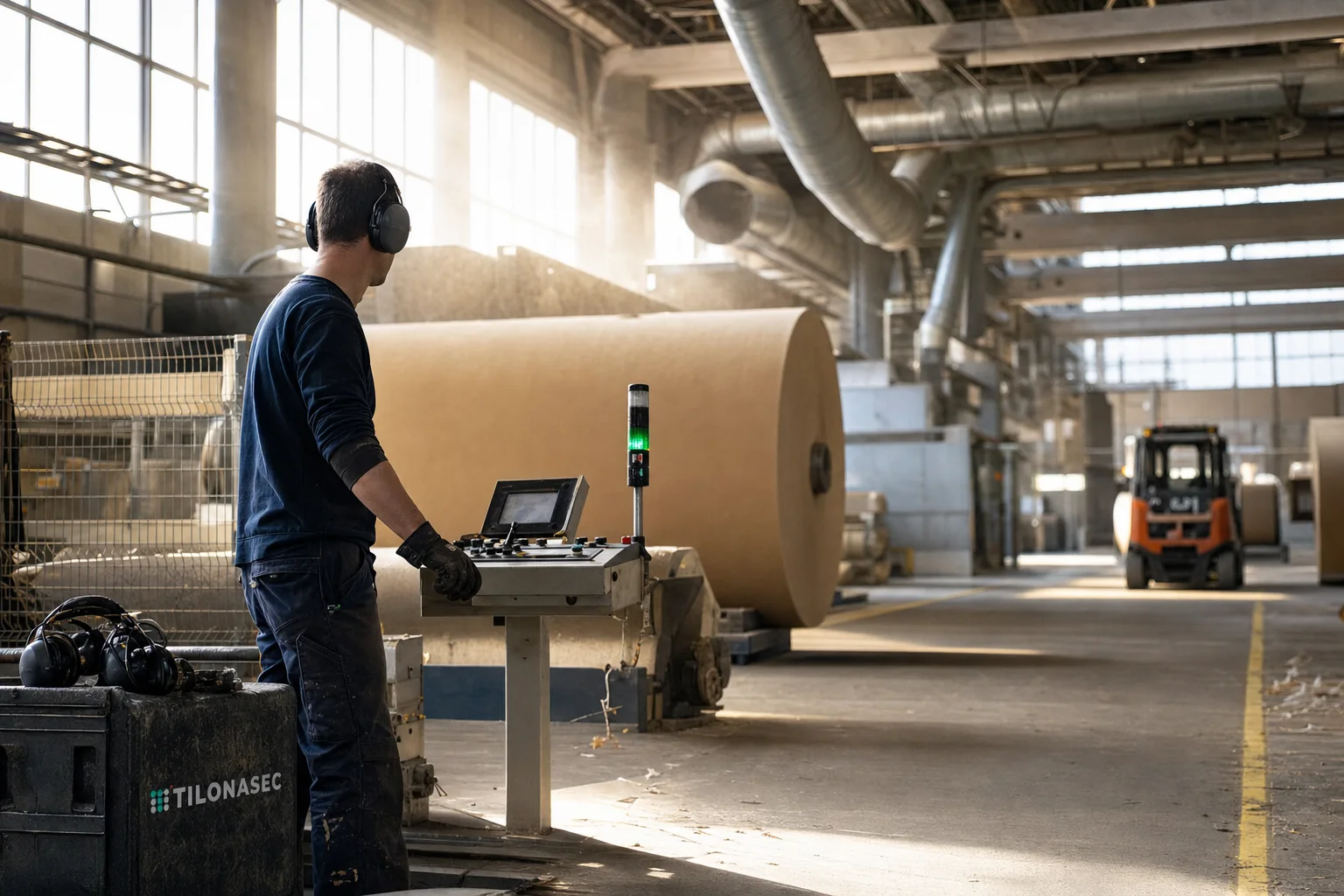 Paper-mill operator wearing hearing protection controls a large roll beside separated forklift traffic