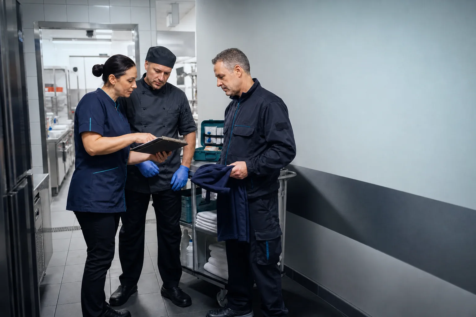 Housekeeping vezető, séf és karbantartó egyezteti a szerepkörönkénti ruházatot és felszerelést egy szállodai háttértérben