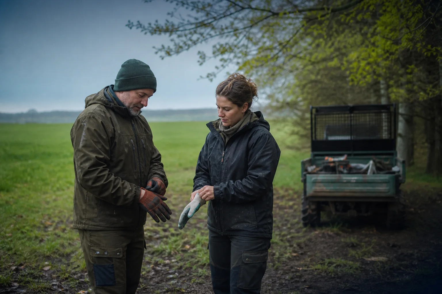 Agricultural and forestry workers check weather-resistant workwear, safety footwear and gloves