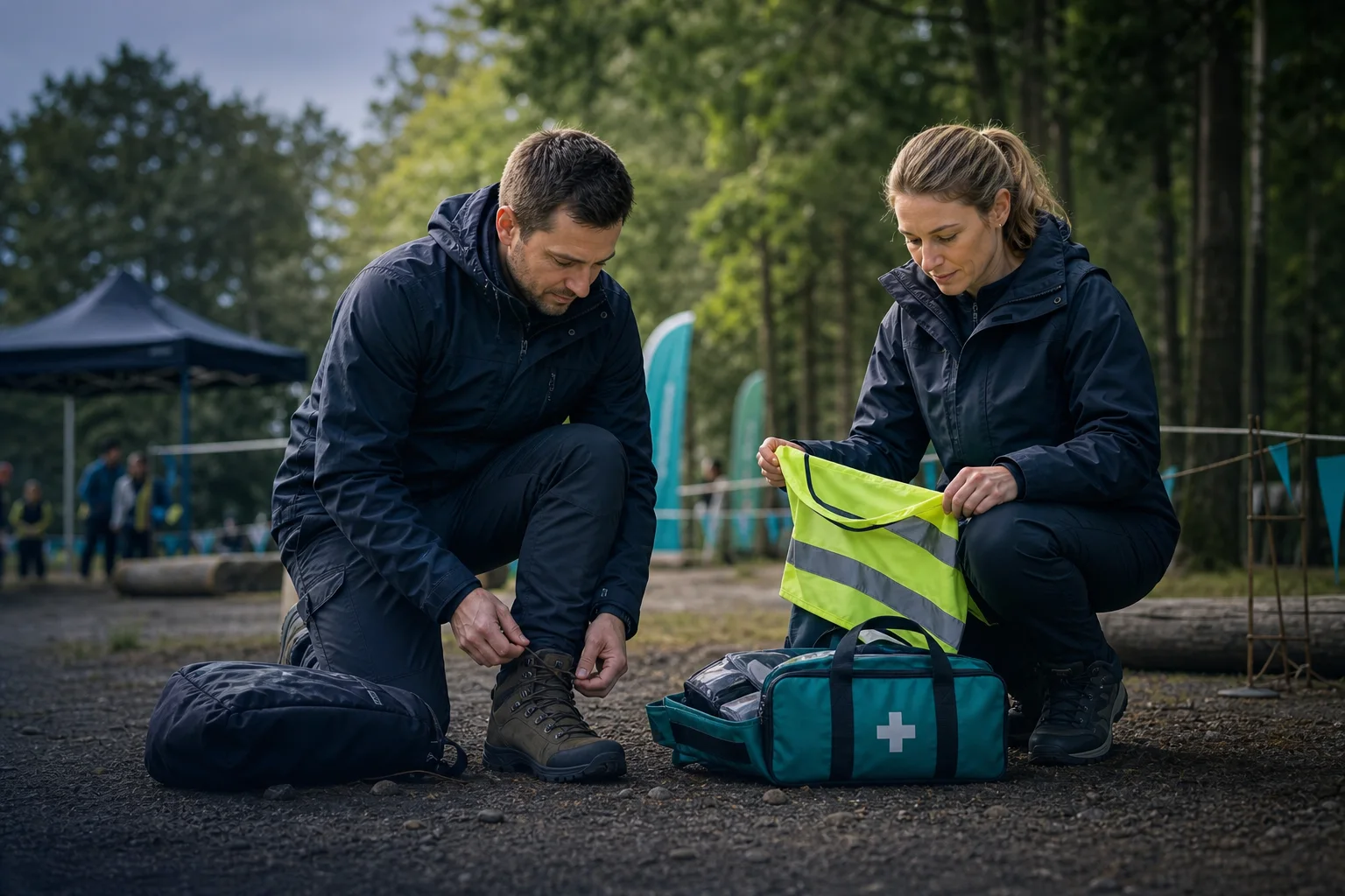 Mitarbeitende einer Outdoor-Veranstaltung prüfen wetterfeste Kleidung, Warnwesten, Wanderschuhe und Erste-Hilfe-Ausrüstung